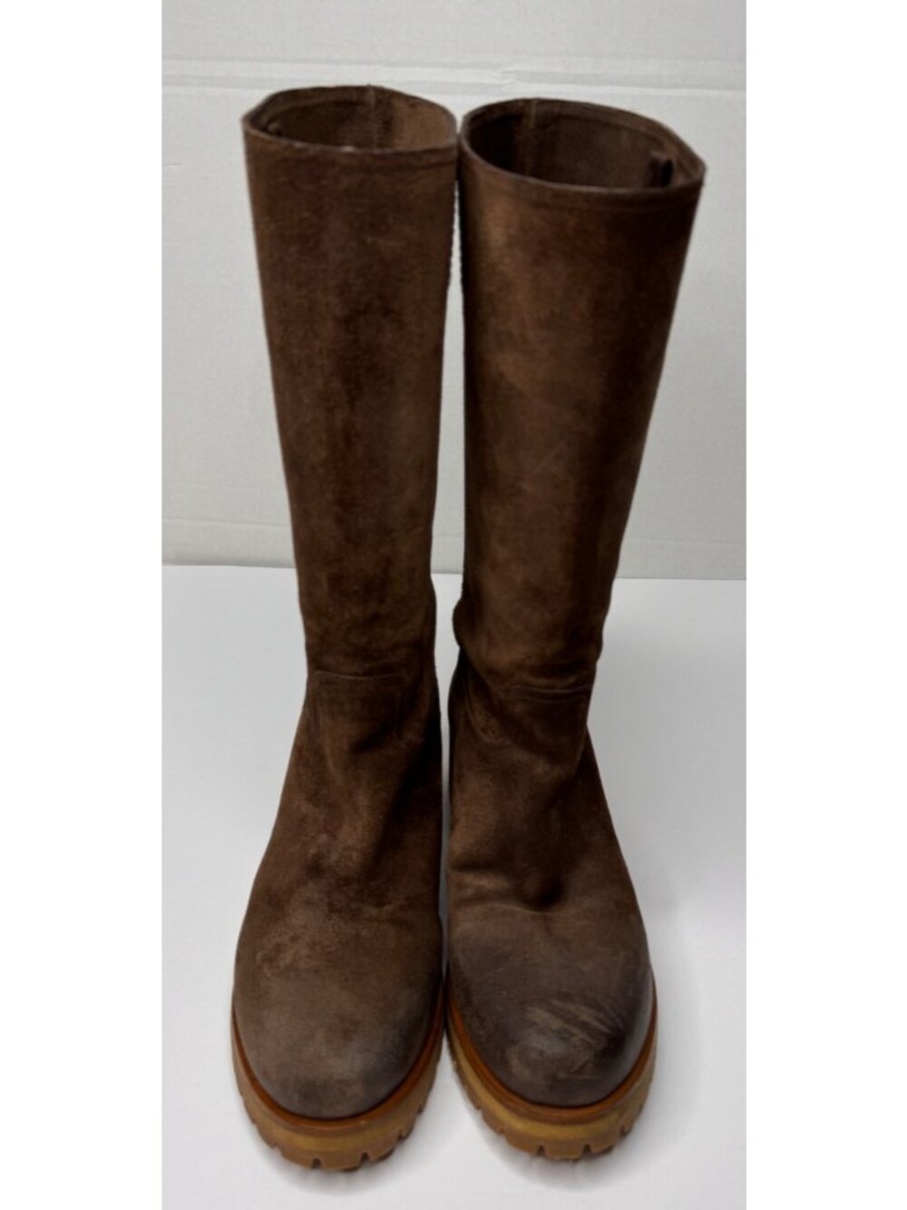 Vintage Prada Milano Brown Suede Calf Knee Lug Sole Moto Rugged Boots 38.5 US8.5 - Picture 2 of 16